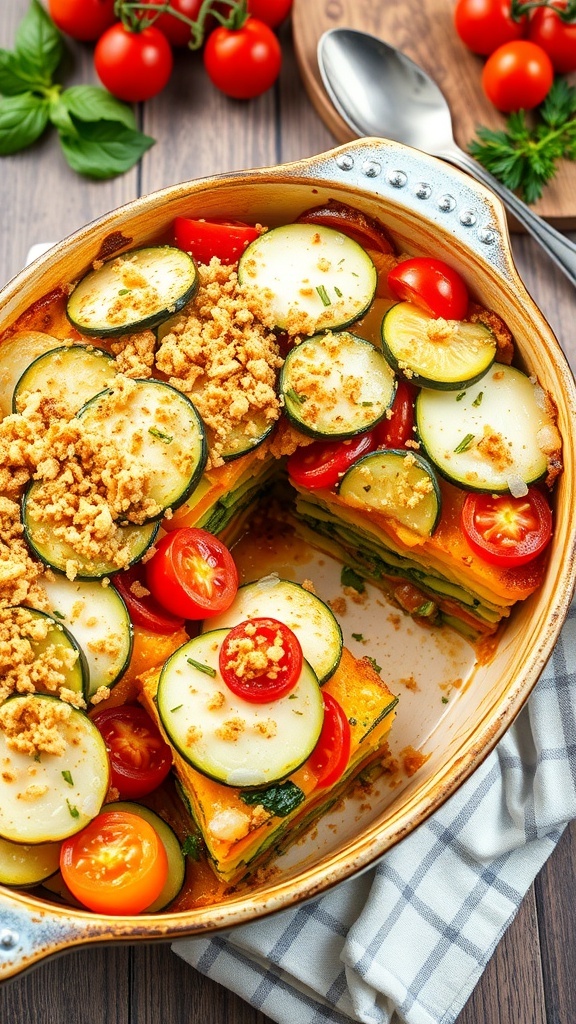 A colorful summer vegetable casserole with zucchini, bell peppers, and tomatoes, topped with cheese and breadcrumbs, served in a rustic dish.